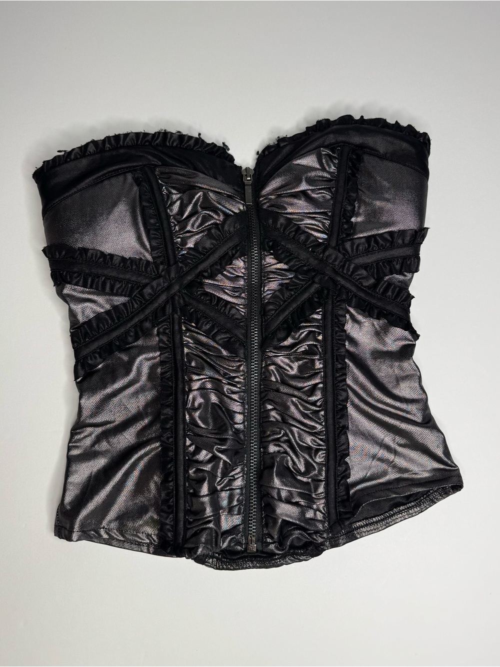 Bebe Strapless Bustier Corset Top XS Black Metallic Ruched Zip Front